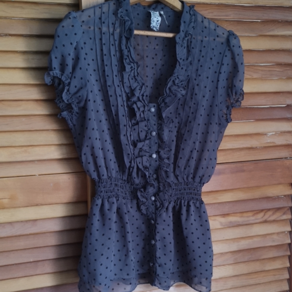 Guess Los Angeles Ruffled Polka Dot Button Blou